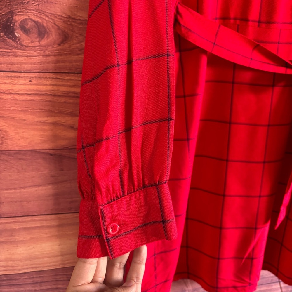 A New Day Red Windowpane Plaid Long Sleeve Tie Waist Dress Womens Large - Picture 6 of 13